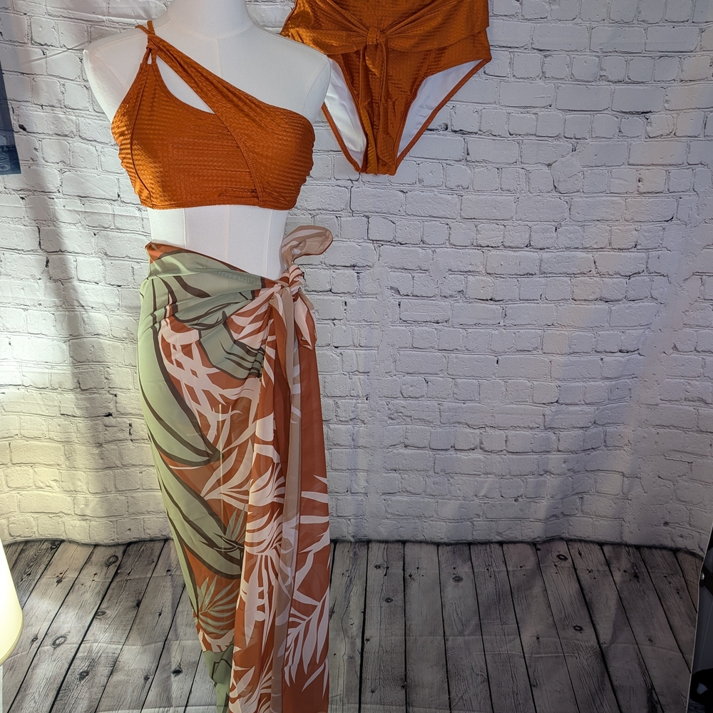 Aprilake Rust One-Shoulder Bikini Top and High-Waist Bottoms w/ Tropical Sarong